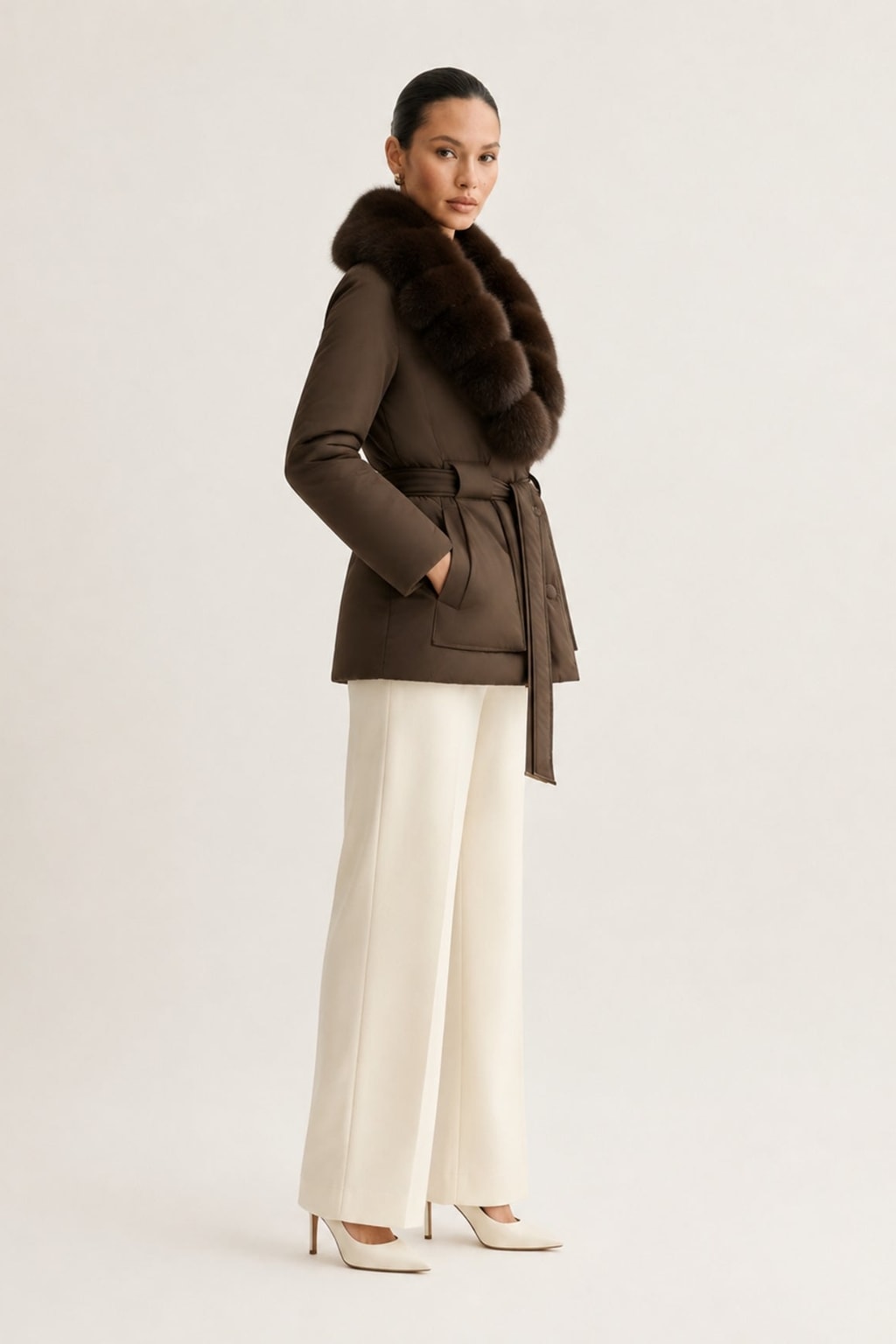 Down Jacket With Fox Fur Collar And Belt - 11