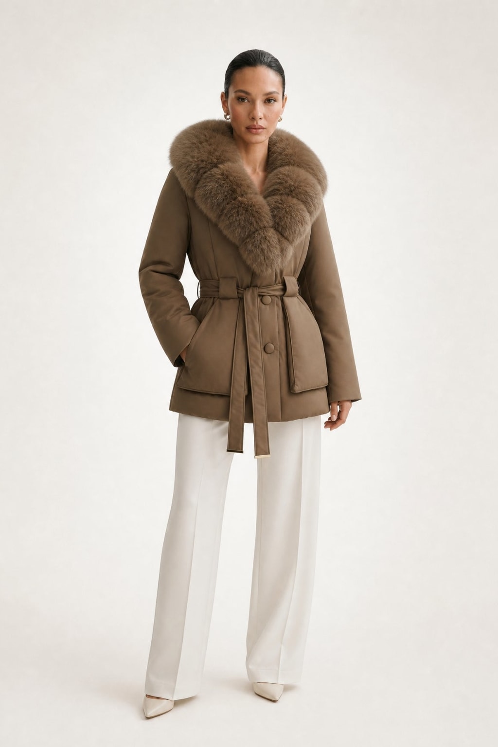 Down Jacket With Fox Fur Collar And Belt - 13