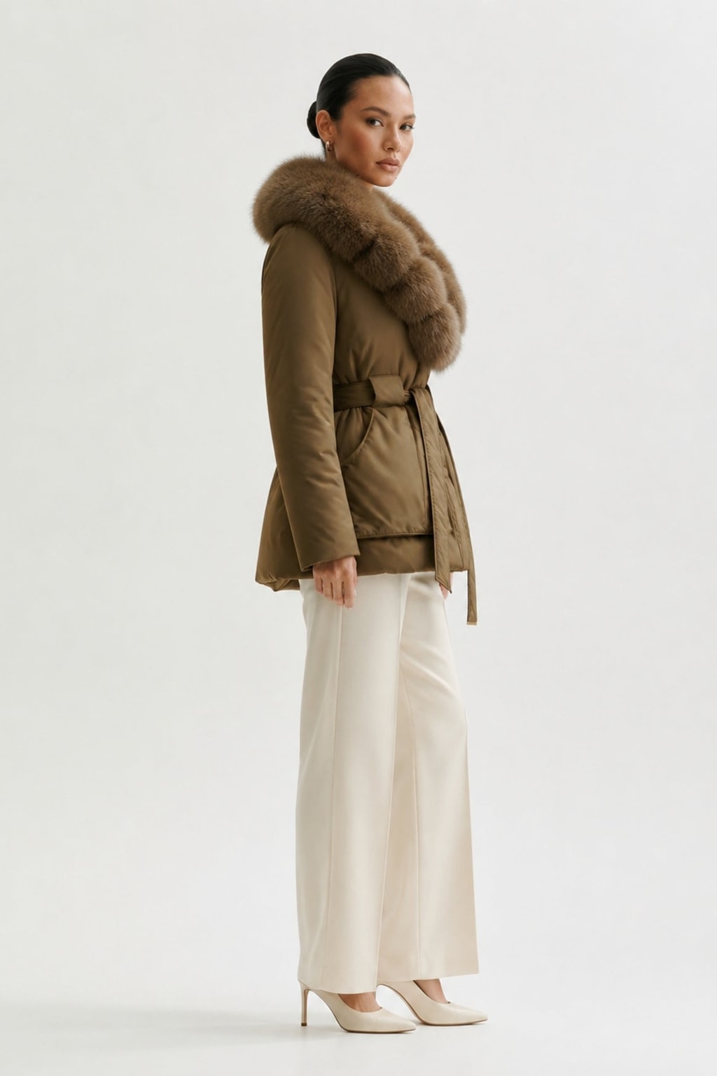 Down Jacket With Fox Fur Collar And Belt - 14