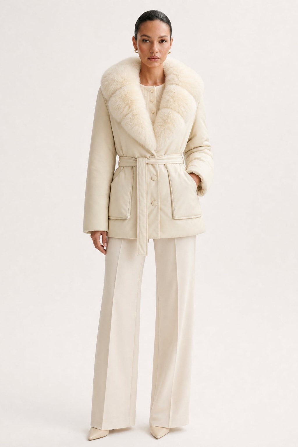 Down Jacket With Fox Fur Collar And Belt - 16