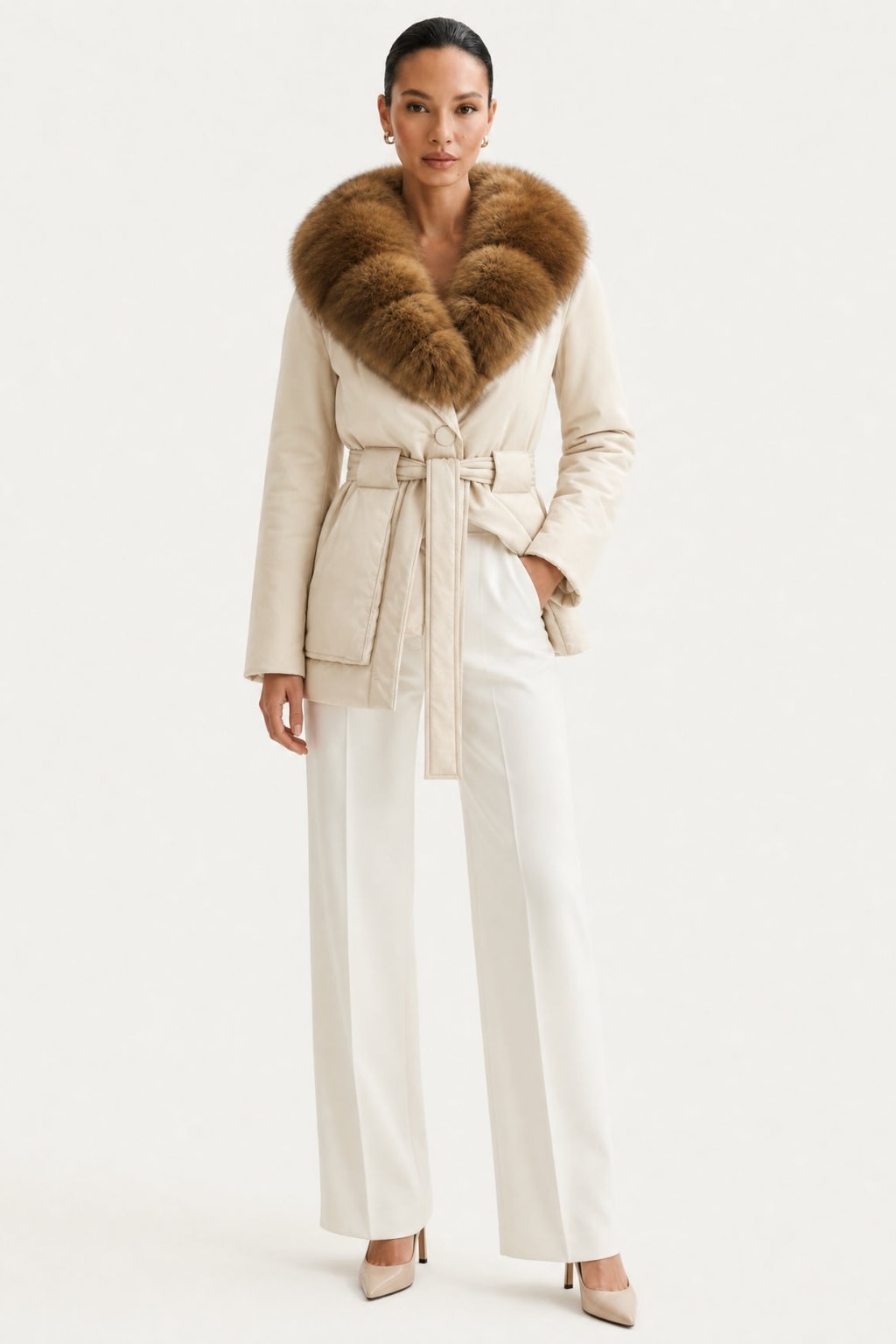 Down Jacket With Fox Fur Collar And Belt - 19