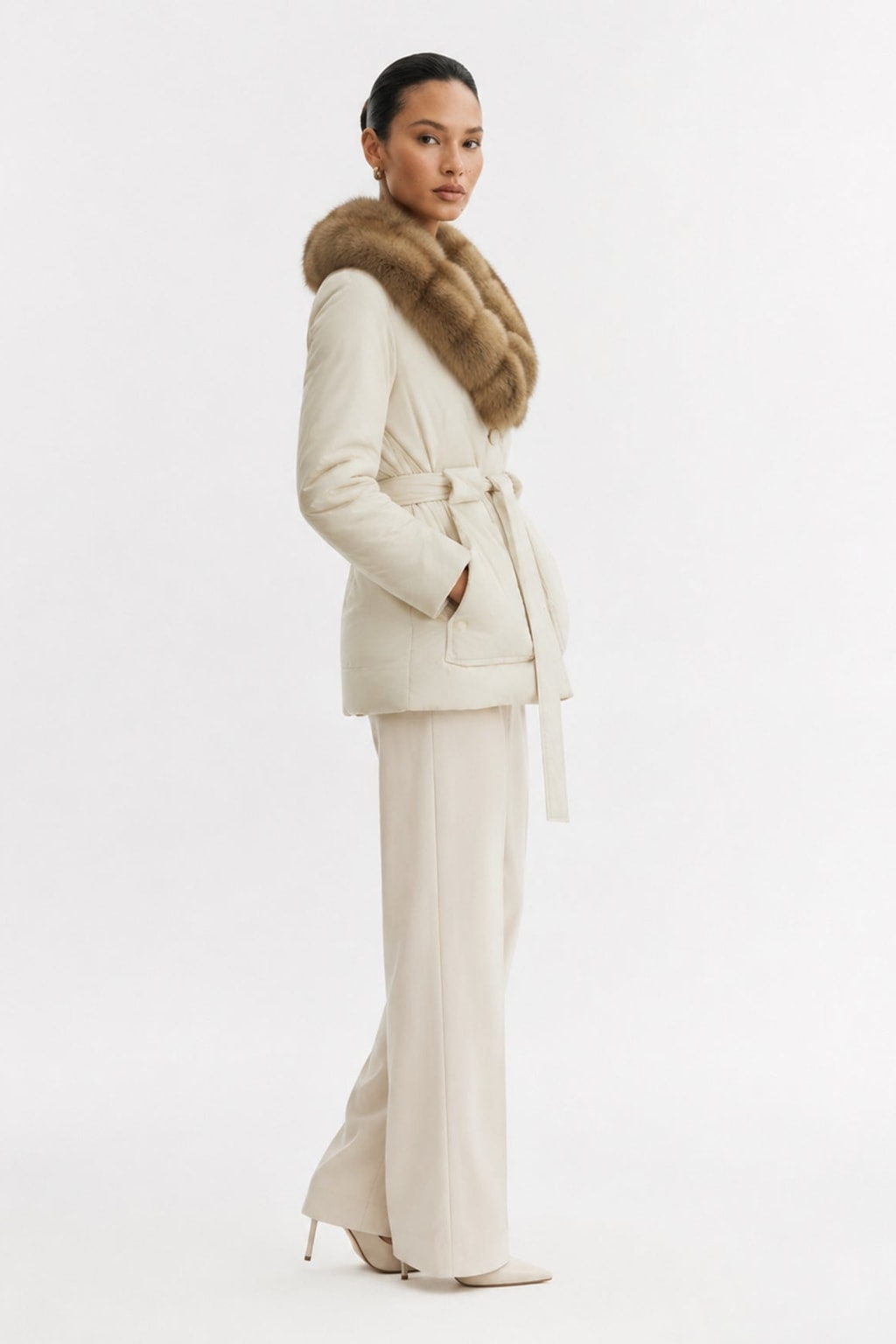 Down Jacket With Fox Fur Collar And Belt - 20
