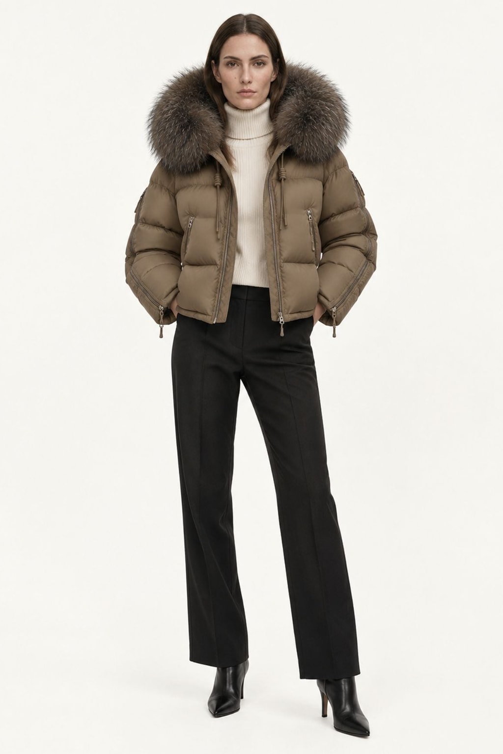 Down Puffer Coat With Hood And Fur Trimmed Collar - 2