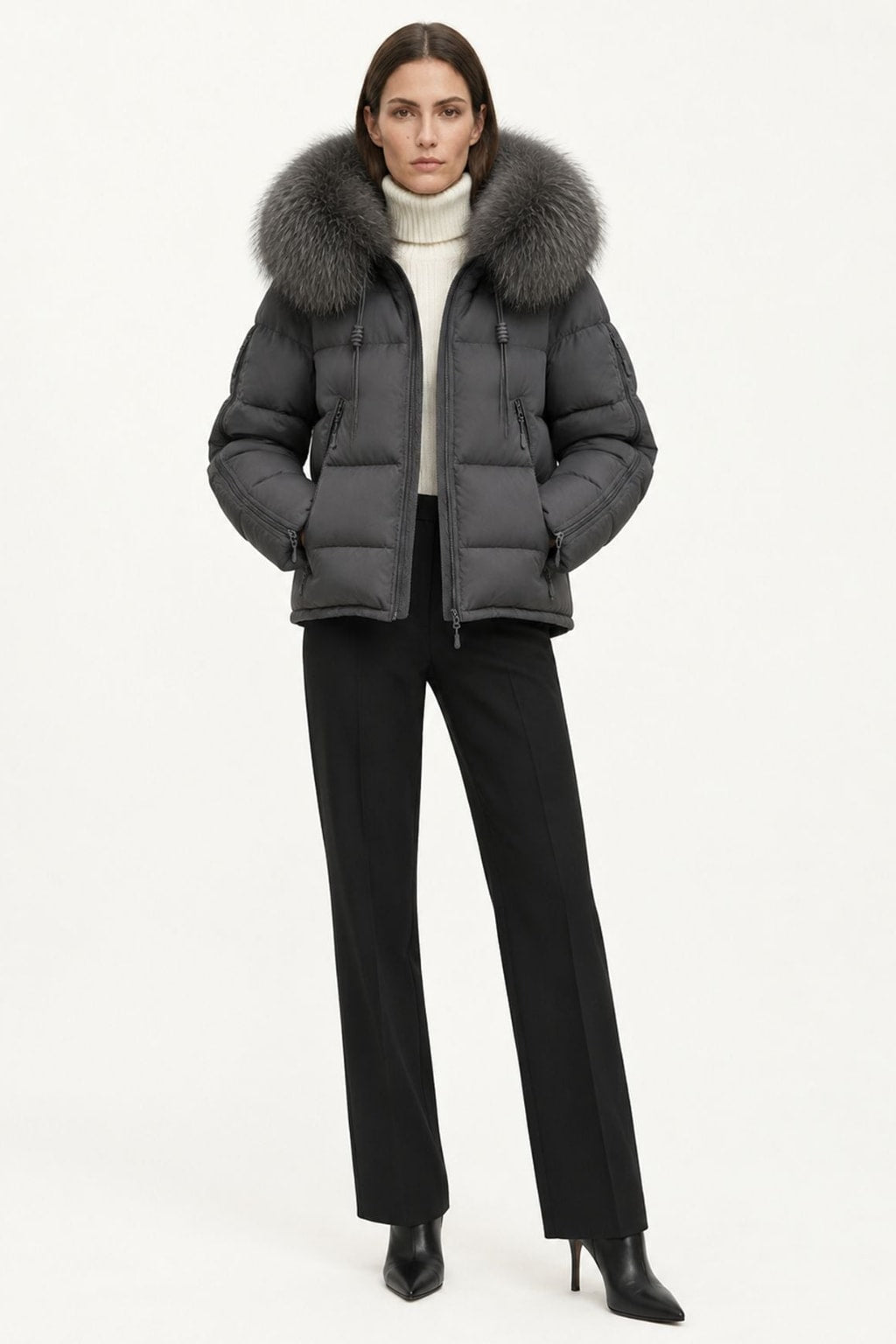 Down Puffer Coat With Hood And Fur Trimmed Collar - 5