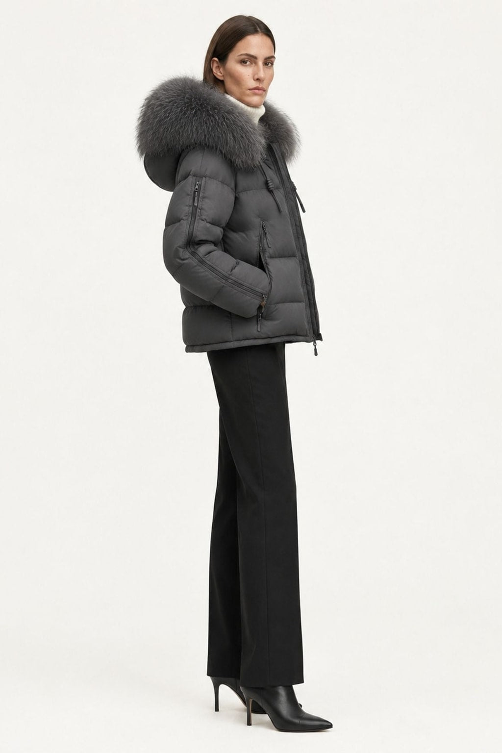 Down Puffer Coat With Hood And Fur Trimmed Collar - 7