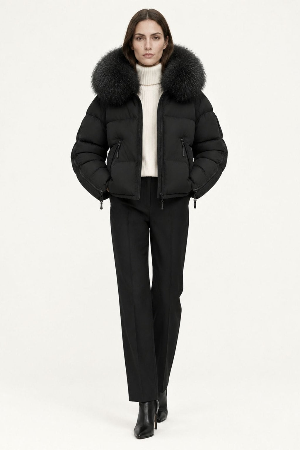 Down Puffer Coat With Hood And Fur Trimmed Collar - 12