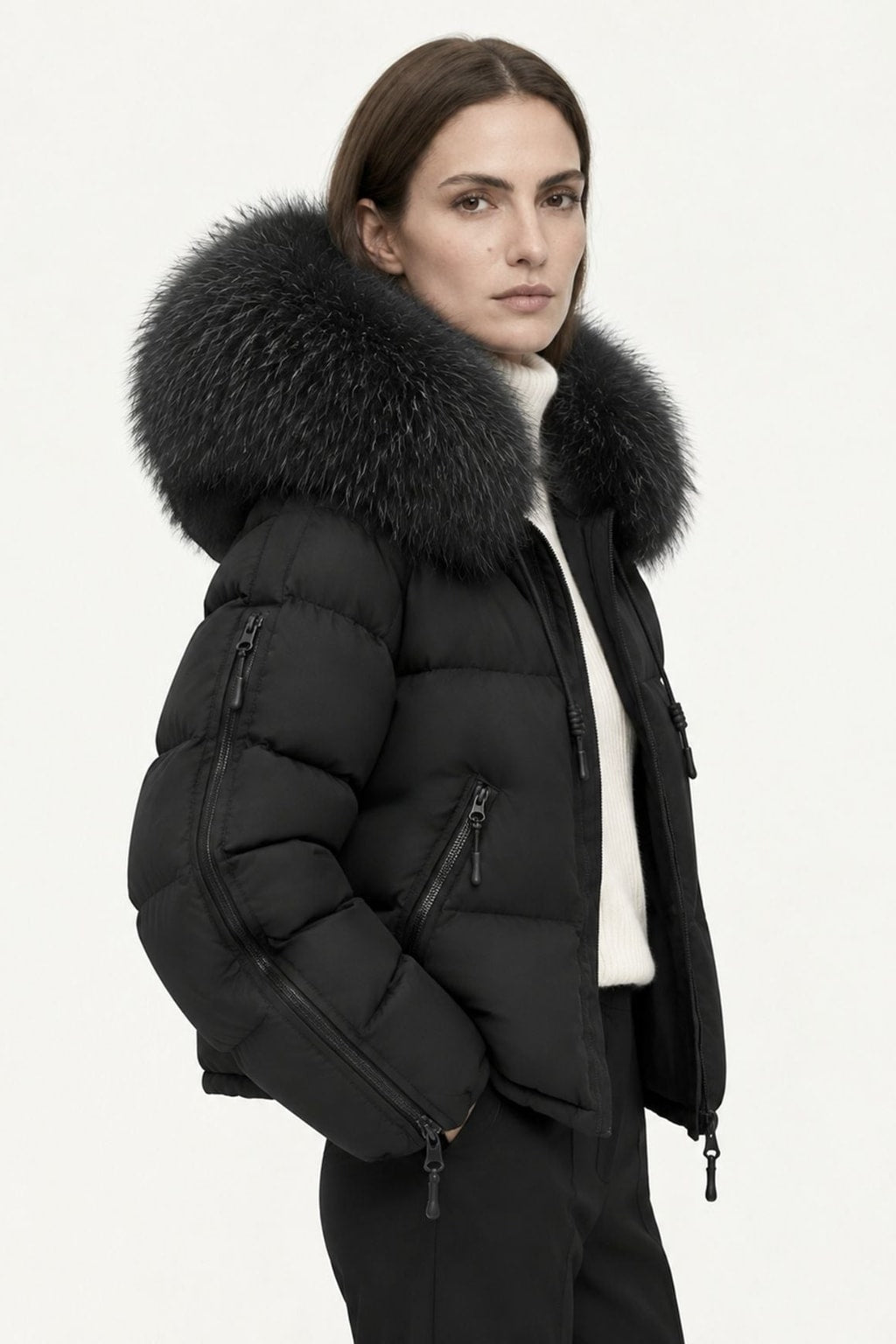 Down Puffer Coat With Hood And Fur Trimmed Collar - 13