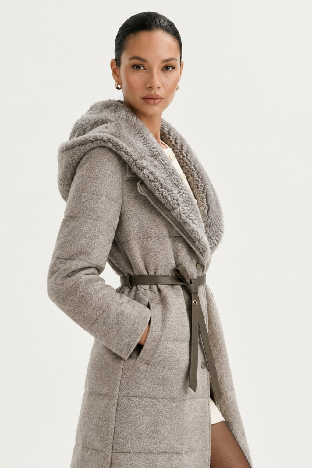 Cashmere Wool Jacket With Mink Hood And V-Neck - 3