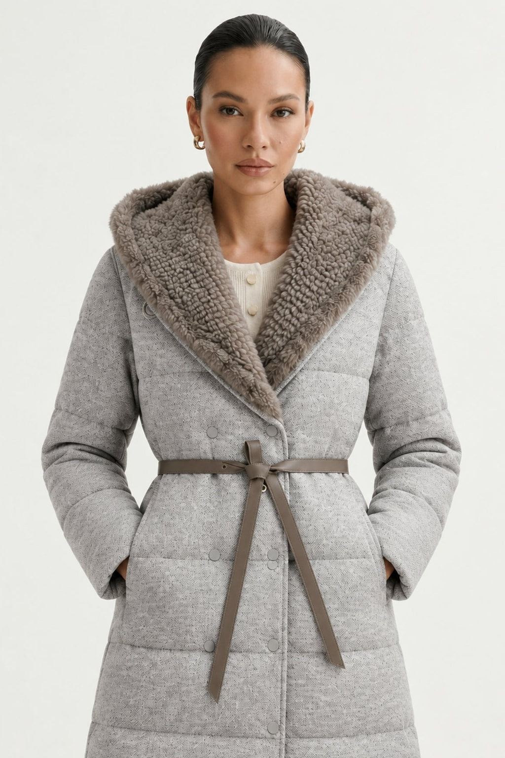 Cashmere Wool Jacket With Mink Hood And V-Neck - 6