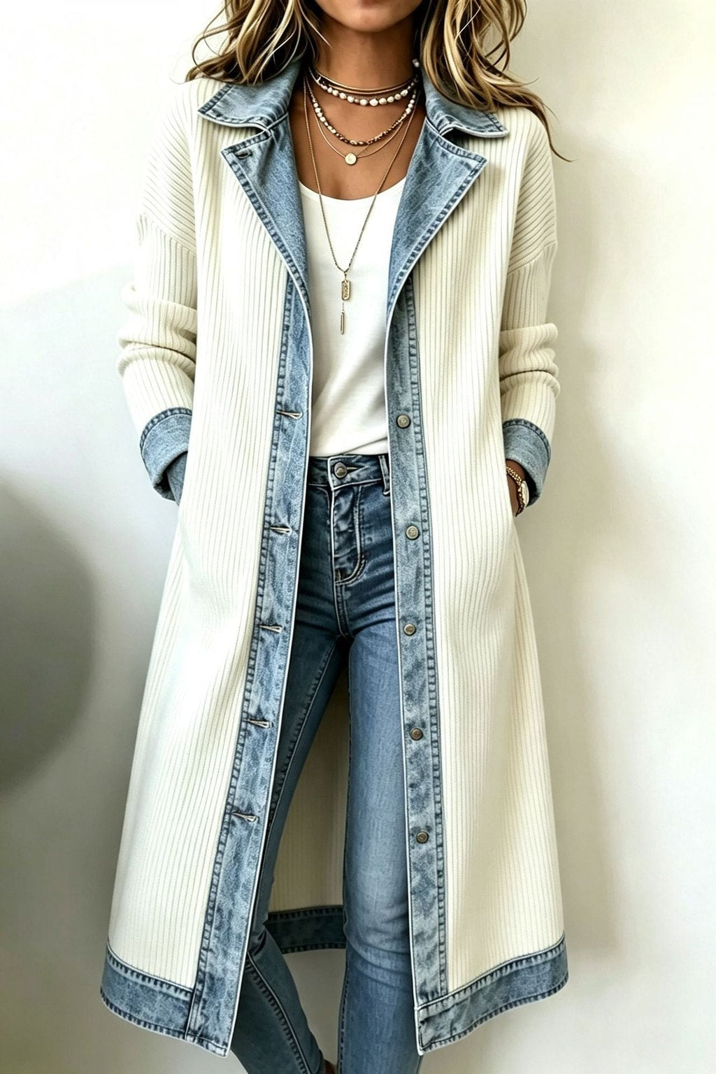 Cotton Long-Line Cardigan With Denim Trim - 3