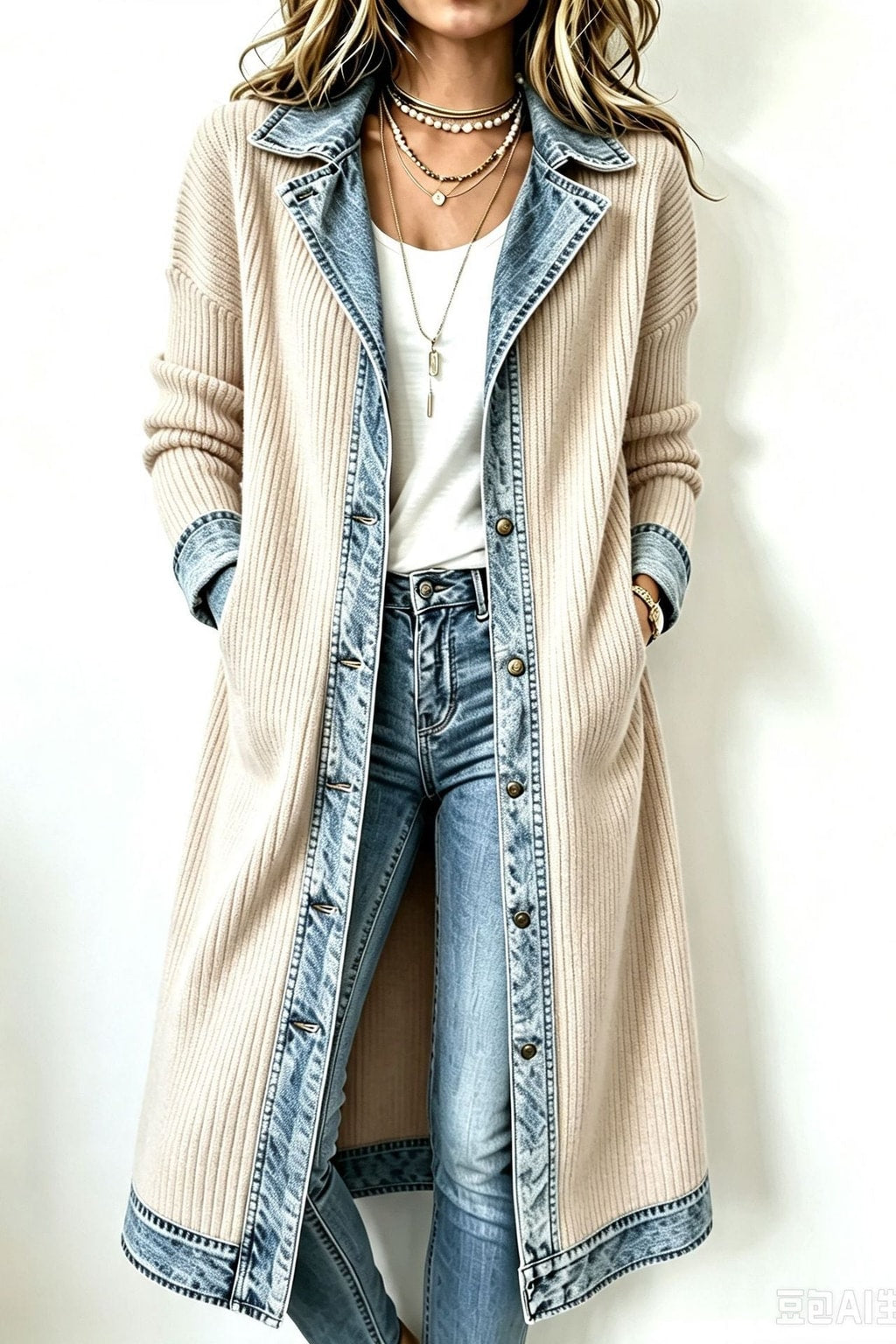 Cotton Long-Line Cardigan With Denim Trim - 4