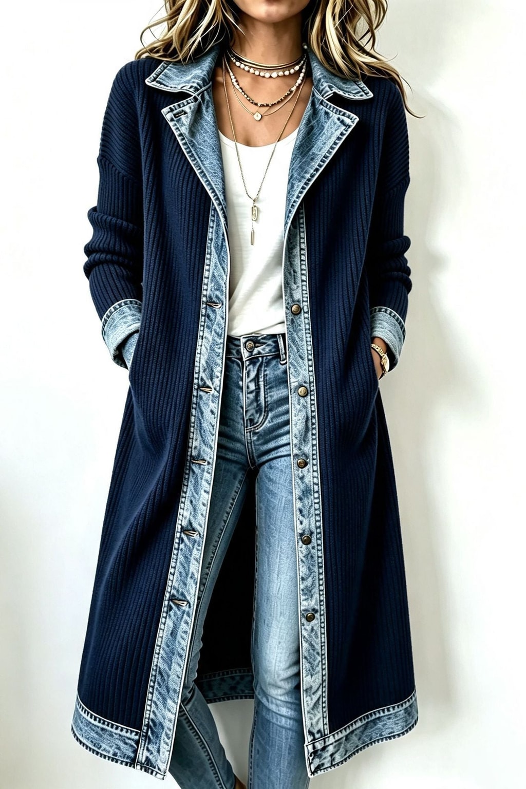 Cotton Long-Line Cardigan With Denim Trim - 5