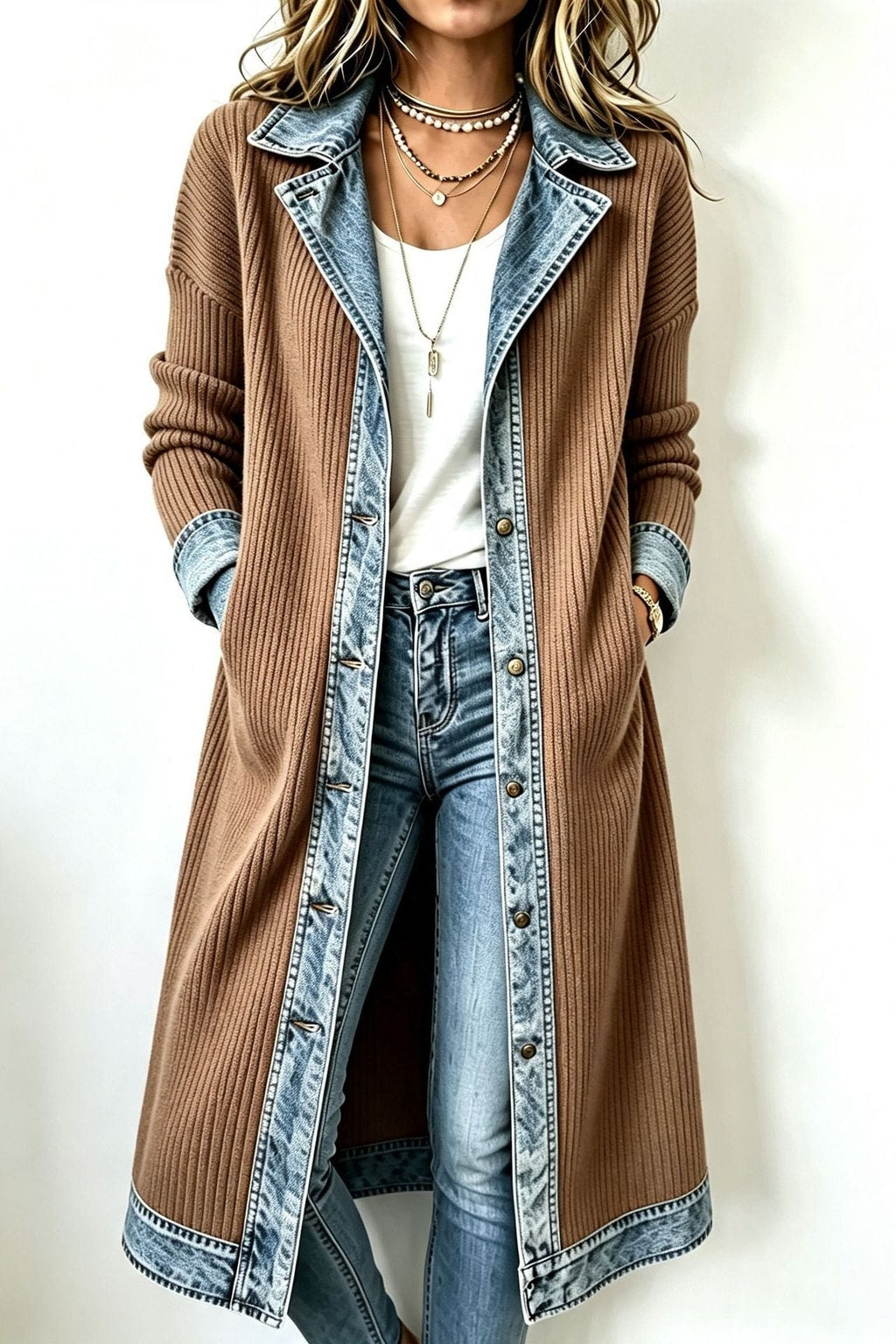 Cotton Long-Line Cardigan With Denim Trim - 6
