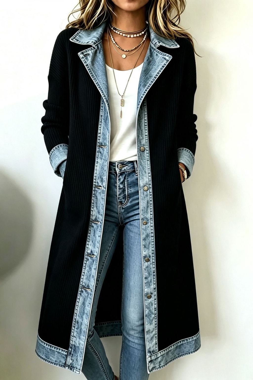 Cotton Long-Line Cardigan With Denim Trim - 7