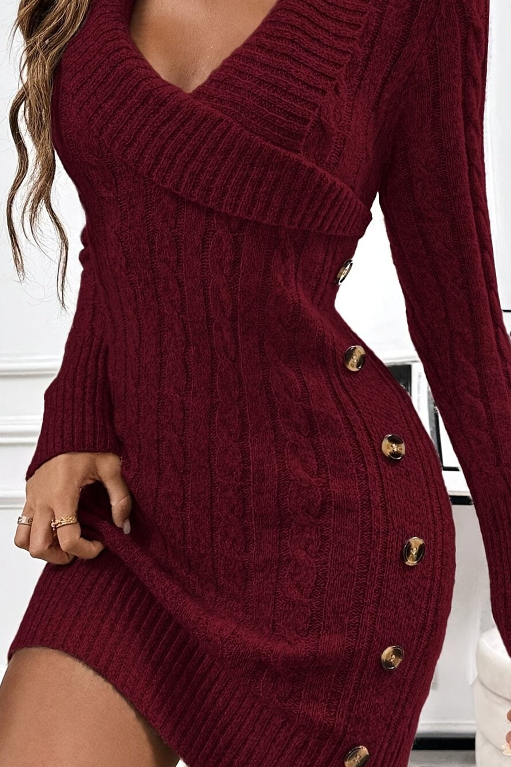 Cable Knit Dress with V-Neckline - 1