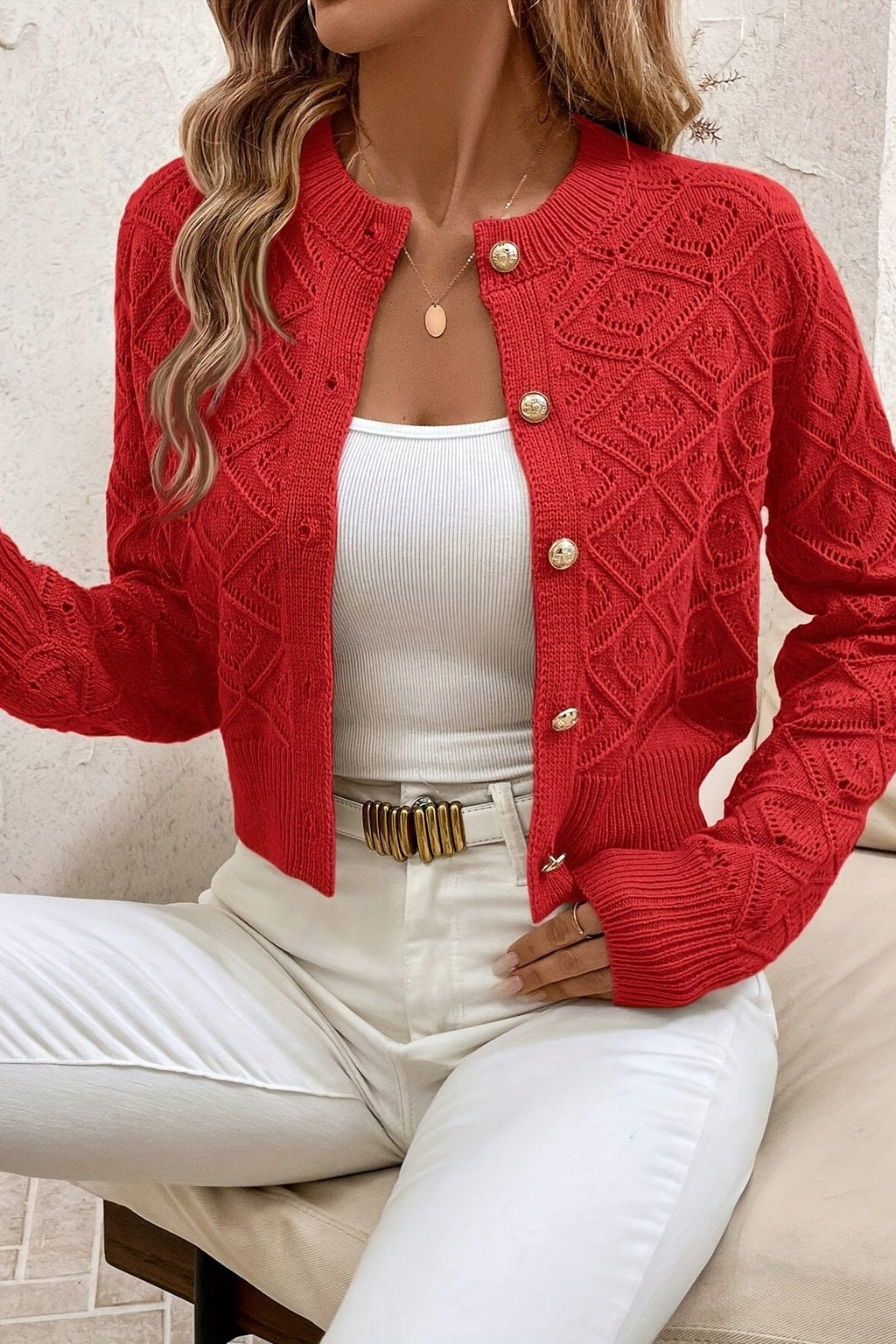 Textured Button-Front Cardigan with Cropped Fit - 6