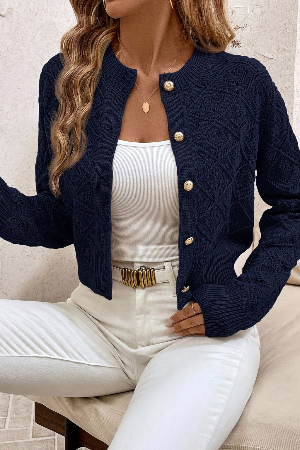 Textured Button-Front Cardigan with Cropped Fit - 9
