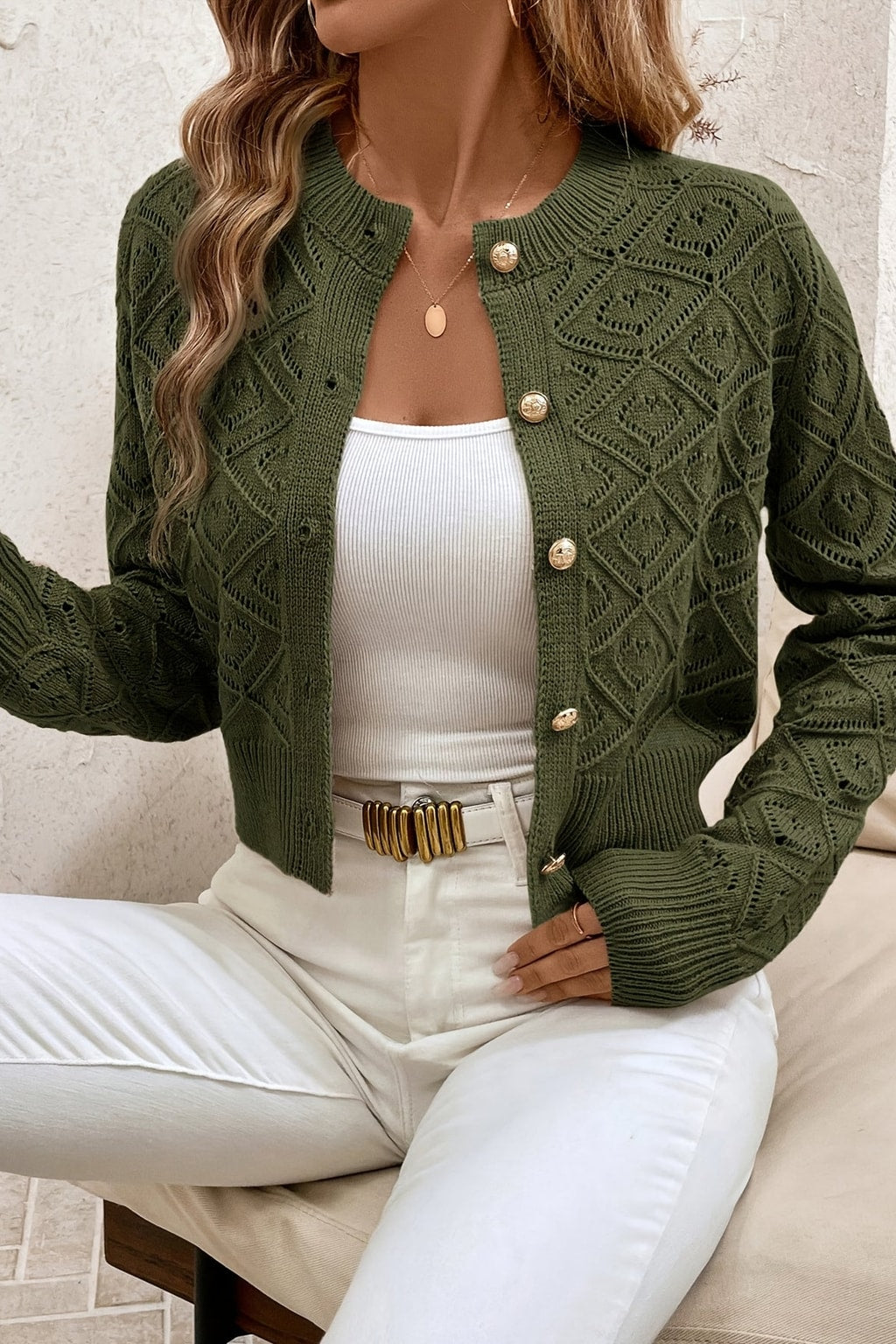 Textured Button-Front Cardigan with Cropped Fit - 10