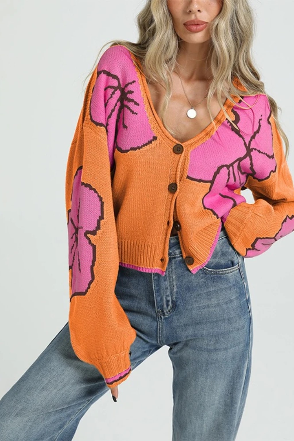 Knit Cardigan Loose V-Neck Long Sleeve Sweater - 5