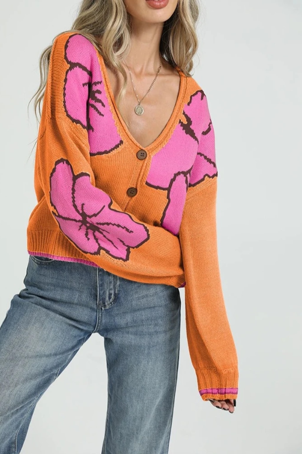 Knit Cardigan Loose V-Neck Long Sleeve Sweater - 6