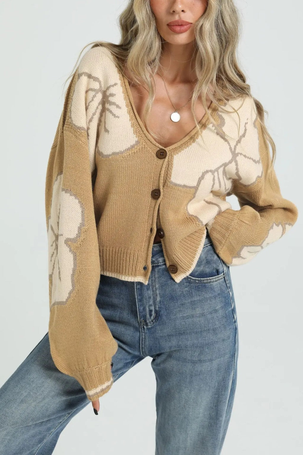 Knit Cardigan Loose V-Neck Long Sleeve Sweater - 7