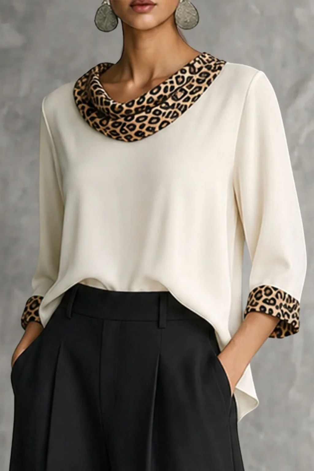 Polyester Satin Blouse with Leopard Print Cowl Neck - 2