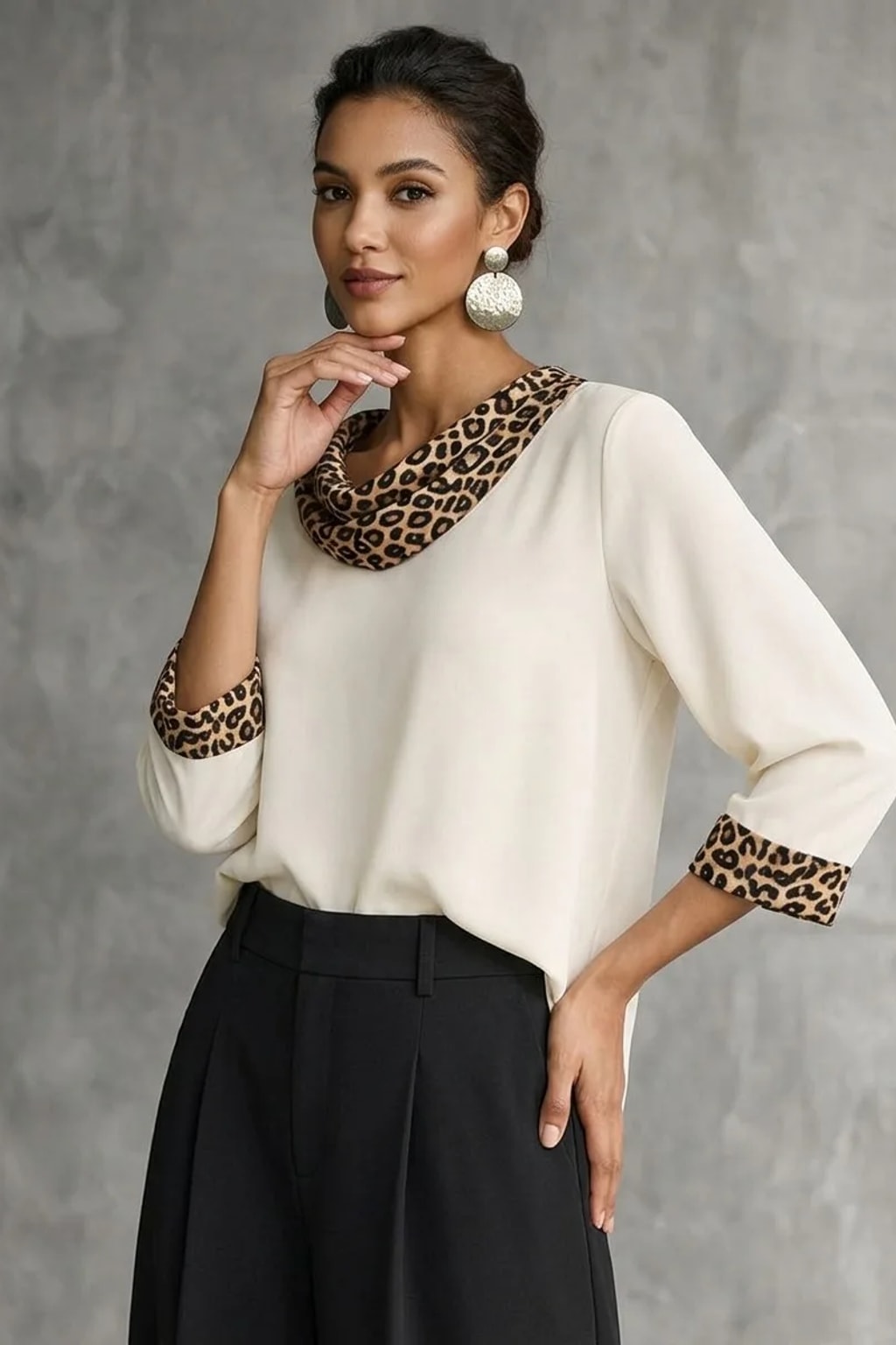 Polyester Satin Blouse with Leopard Print Cowl Neck - 3