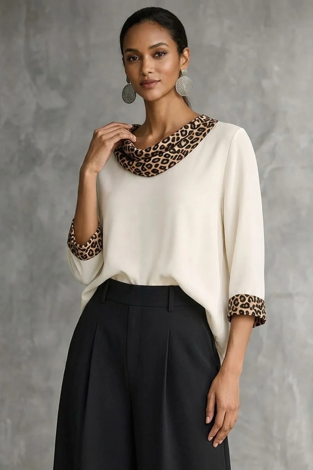 Polyester Satin Blouse with Leopard Print Cowl Neck - 4