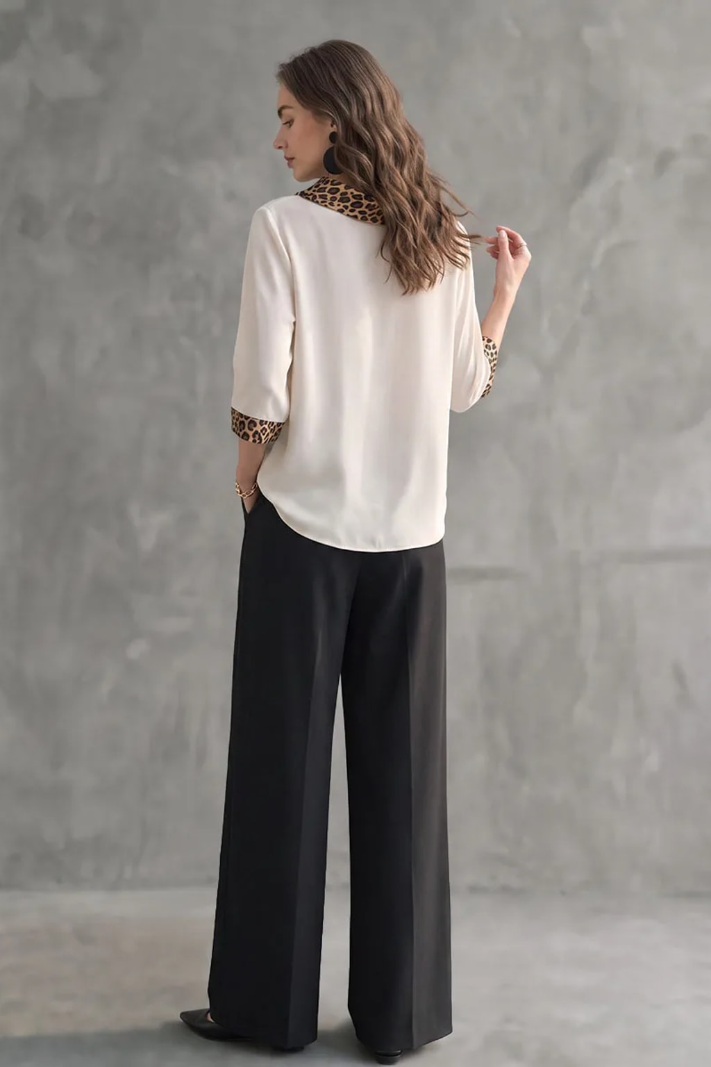 Polyester Satin Blouse with Leopard Print Cowl Neck - 5
