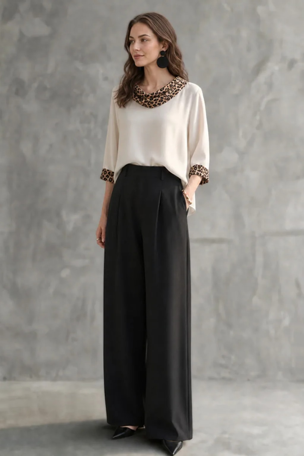 Polyester Satin Blouse with Leopard Print Cowl Neck - 6