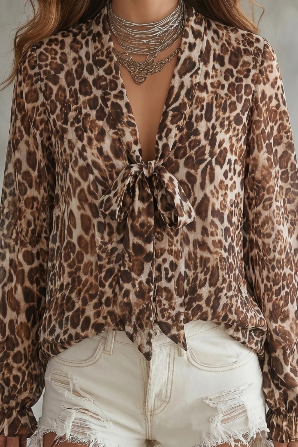 Chiffon Blouse With V-Neck And Sheer Bow-Tie Detail - 5