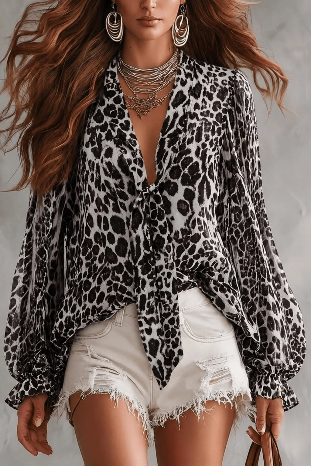 Chiffon Blouse With V-Neck And Sheer Bow-Tie Detail - 6