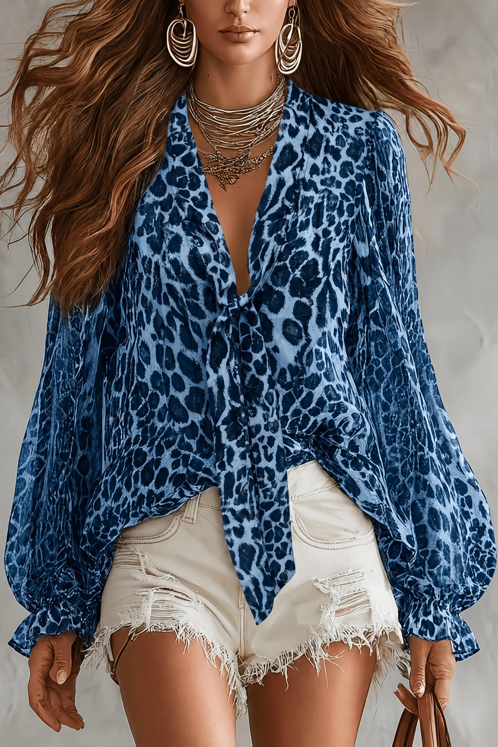 Chiffon Blouse With V-Neck And Sheer Bow-Tie Detail - 7