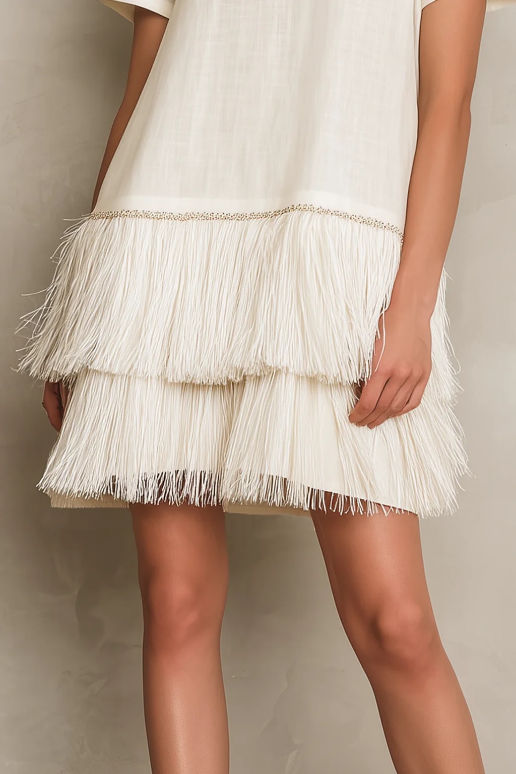 Cotton Mini Dress With Fringe Hem - 5