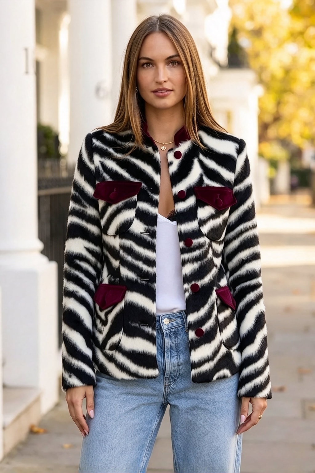Polyester Jacket With Stand Collar And Zebra Print - 2