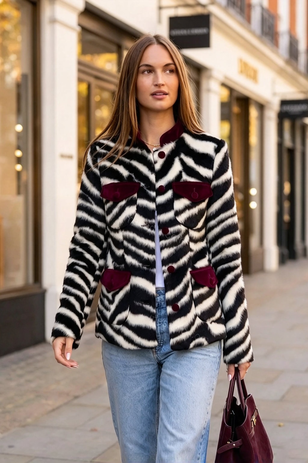 Polyester Jacket With Stand Collar And Zebra Print - 3