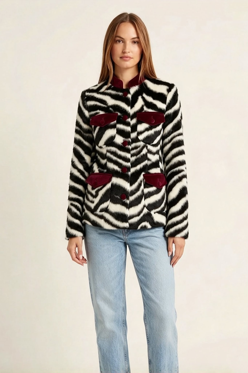Polyester Jacket With Stand Collar And Zebra Print - 5