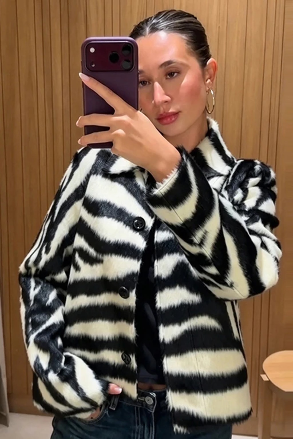 Synthetic Fiber Cropped Jacket With Zebra Print And Lapel Collar - 2