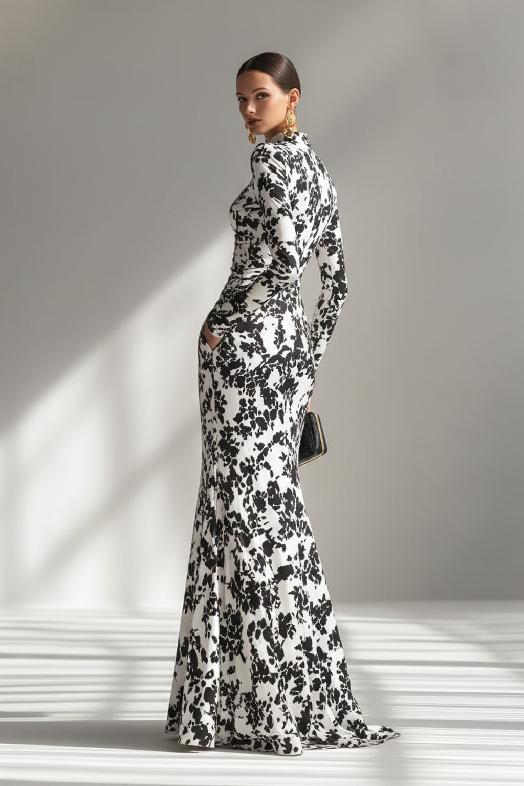 Women's Maxi Dress with High Neck and Long Sleeves - 3