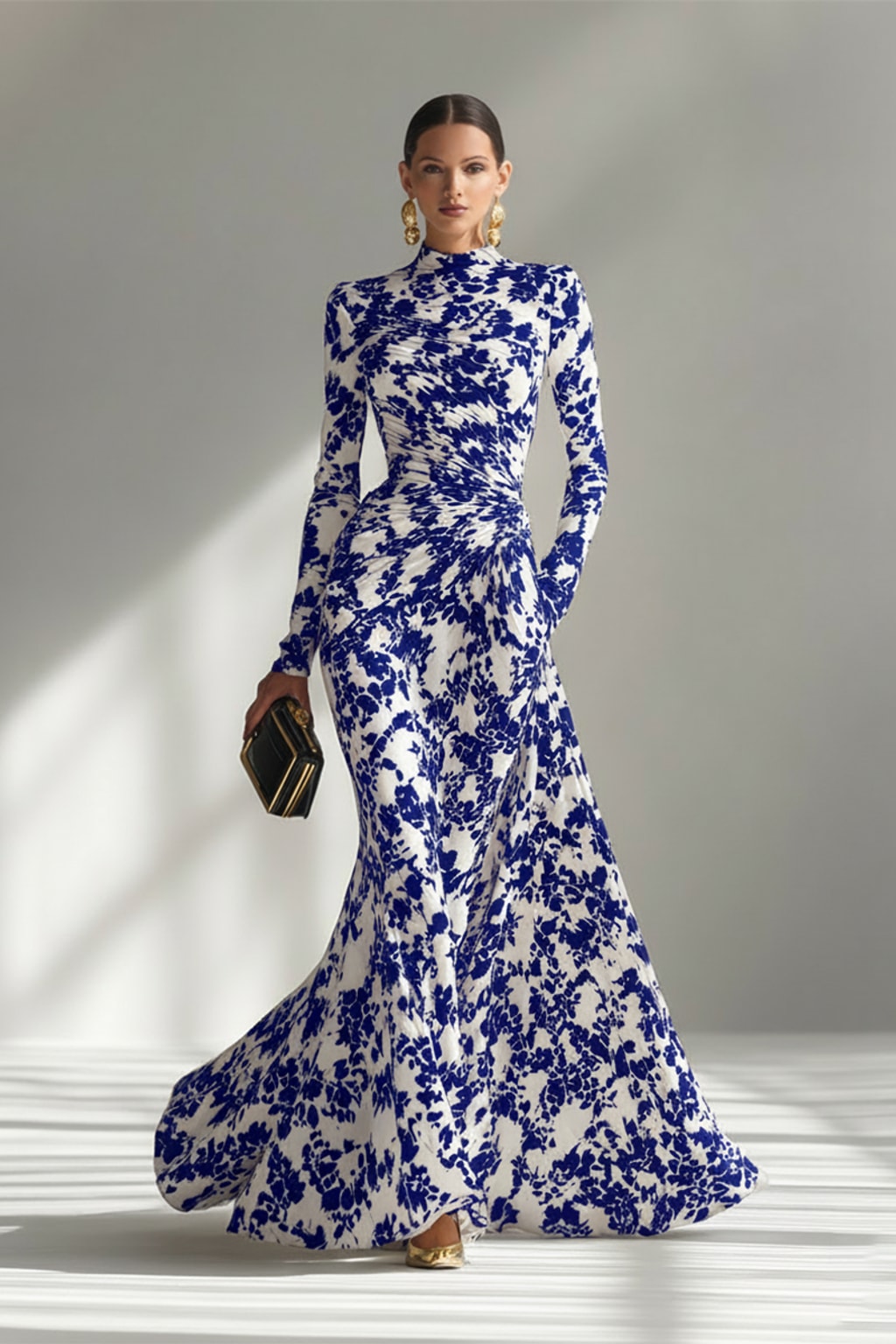 Women's Maxi Dress with High Neck and Long Sleeves - 7