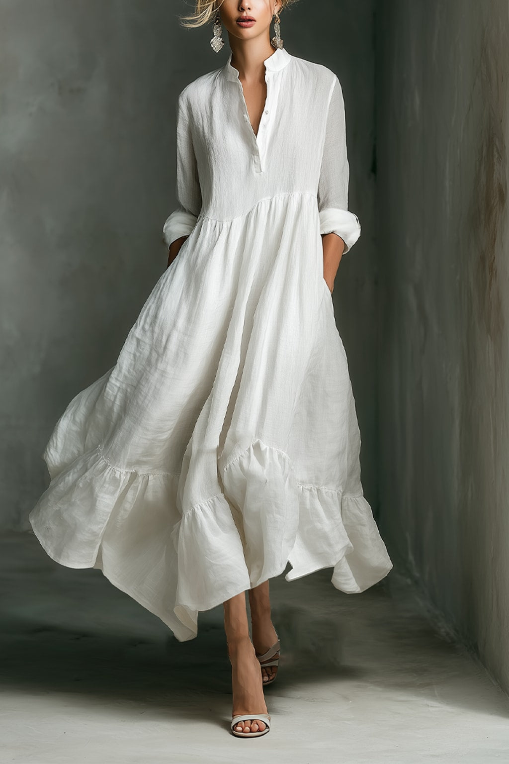Cotton Linen Maxi Dress with Ruffled Sleeves - 1