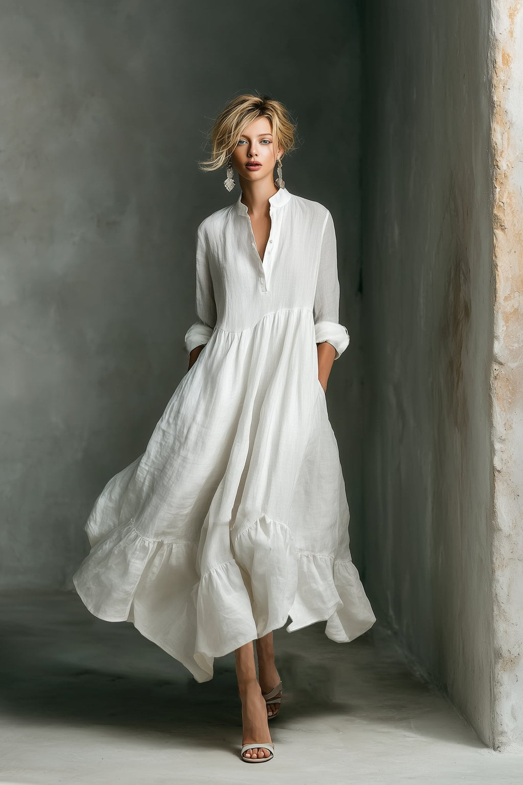 Cotton Linen Maxi Dress with Ruffled Sleeves - 2