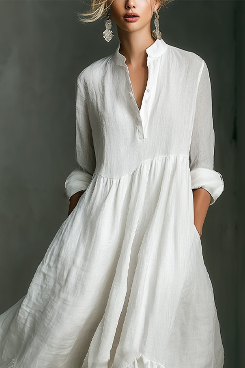 Cotton Linen Maxi Dress with Ruffled Sleeves - 3
