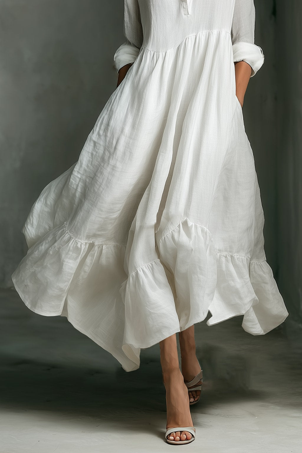 Cotton Linen Maxi Dress with Ruffled Sleeves - 4