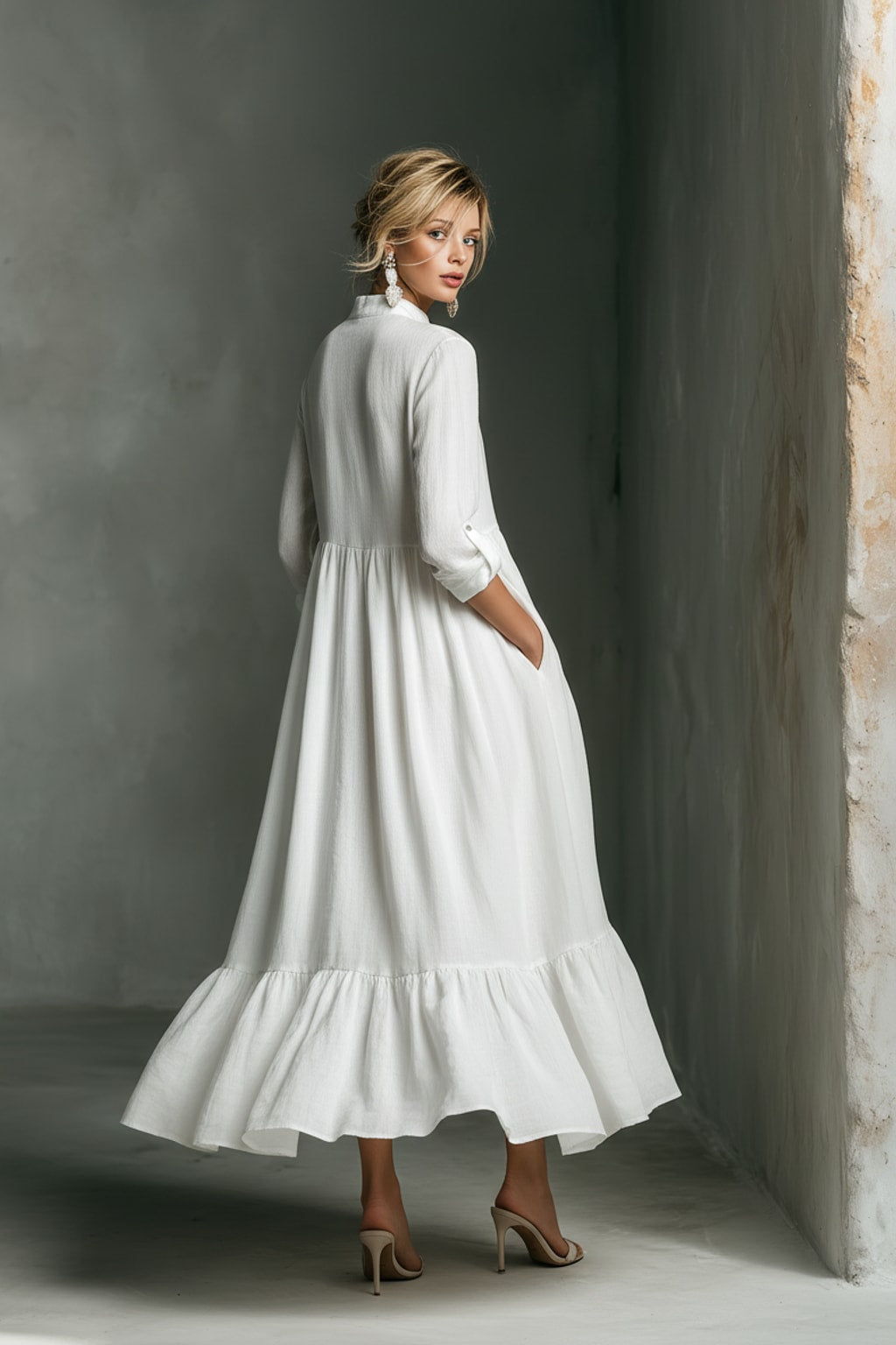 Cotton Linen Maxi Dress with Ruffled Sleeves - 5
