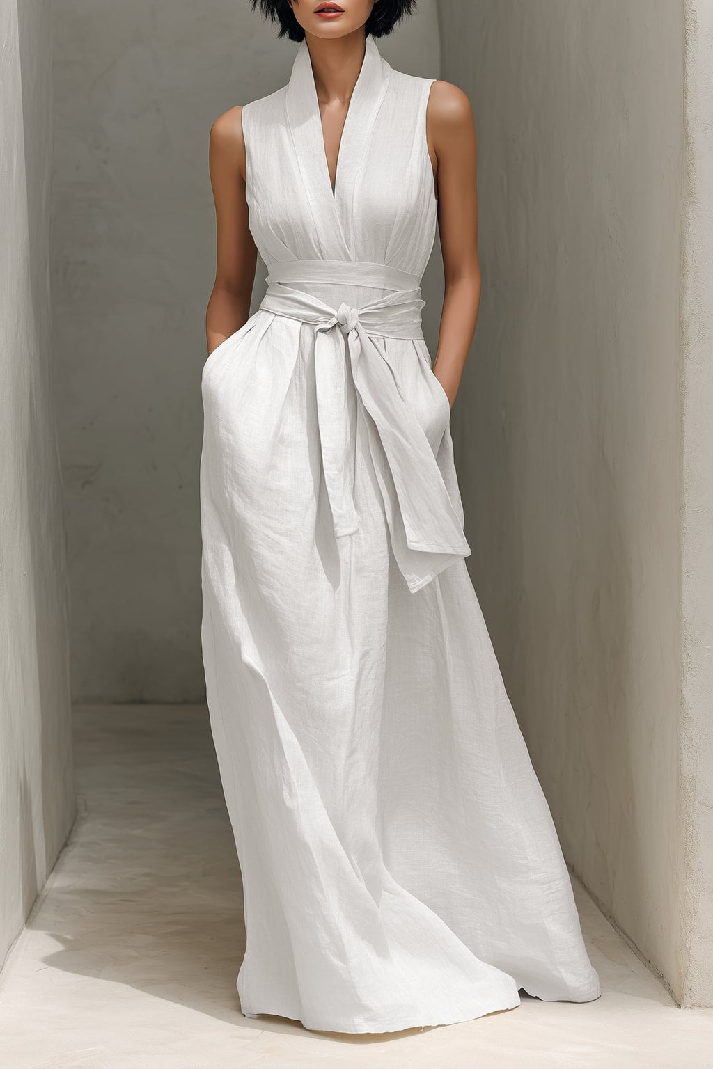 Cotton Linen Blend Maxi Dress with V-Neck Belted Waist - 2