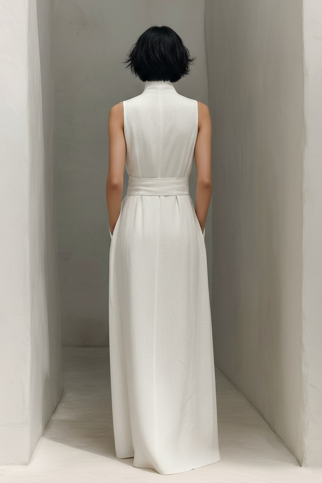 Cotton Linen Blend Maxi Dress with V-Neck Belted Waist - 4