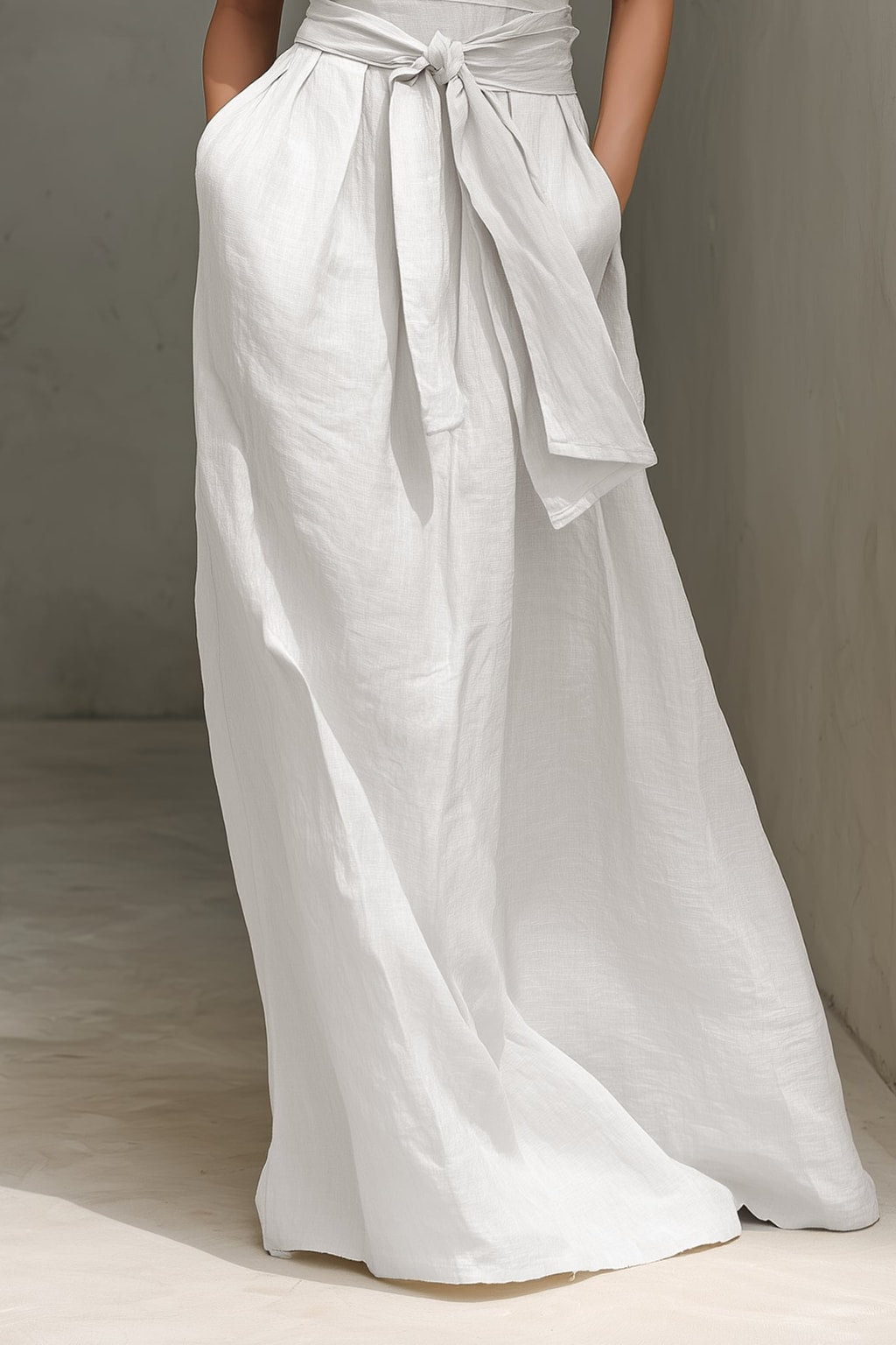 Cotton Linen Blend Maxi Dress with V-Neck Belted Waist - 6