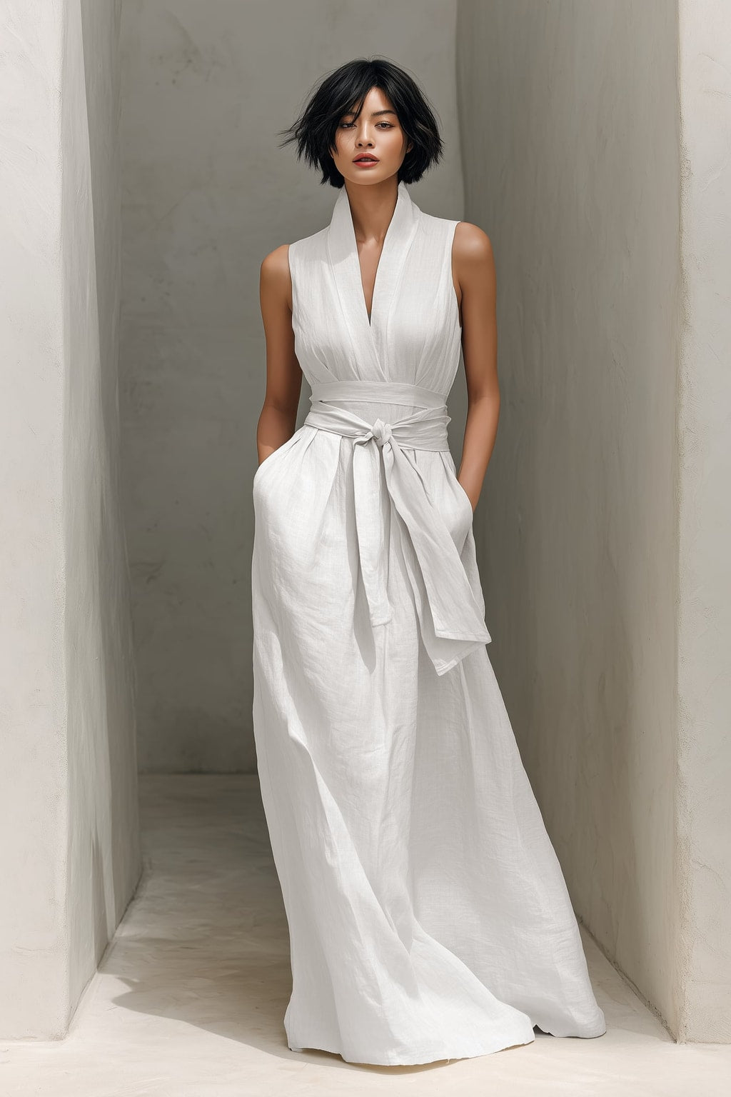 Cotton Linen Blend Maxi Dress with V-Neck Belted Waist - 3