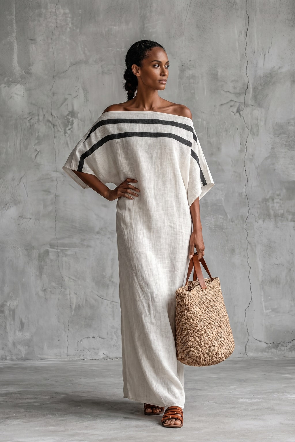 Linen Blend Maxi Dress with Off-Shoulder Batwing Sleeves - 2